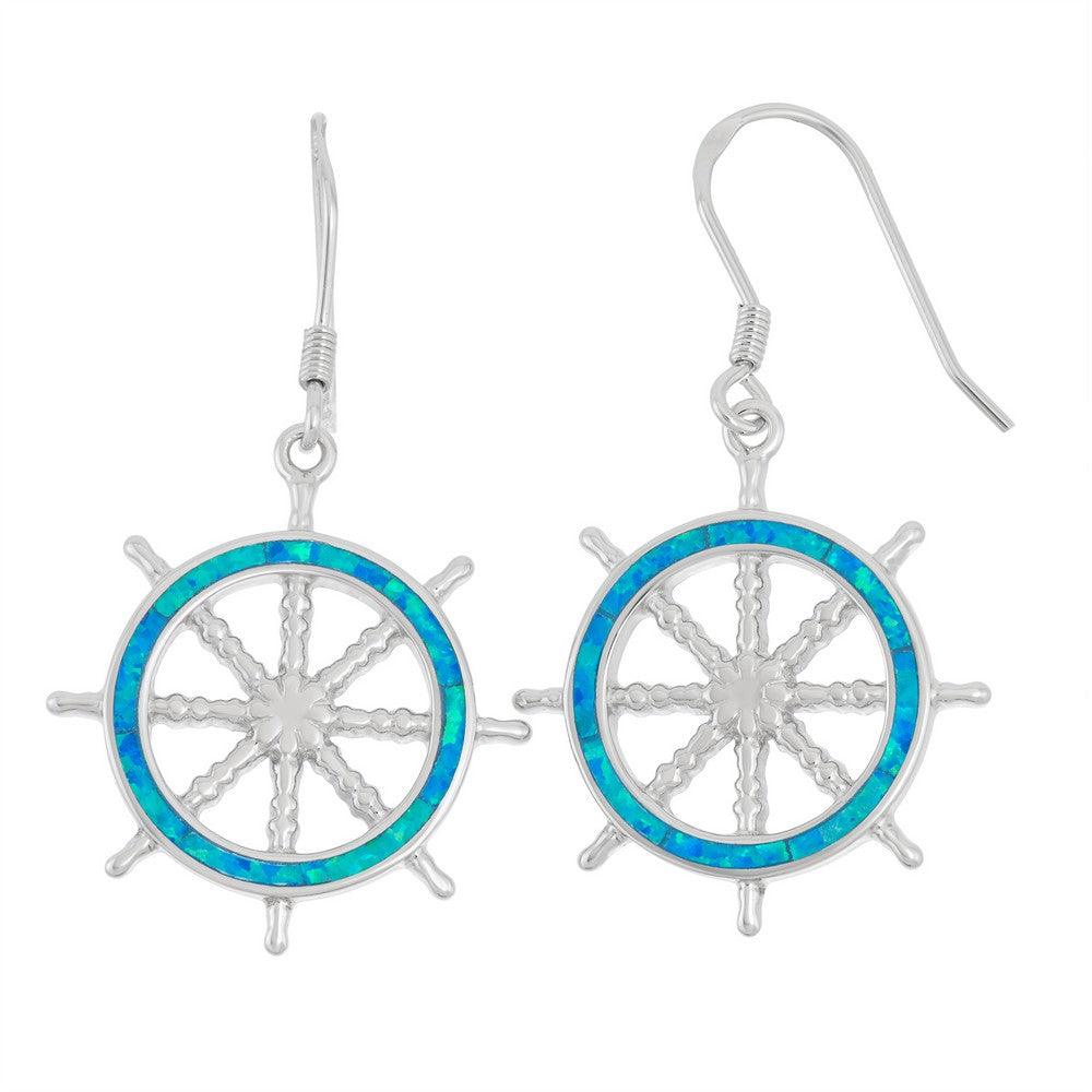 Sterling Silver Blue Inlay Opal Ship Wheel Earrings - Johnny Dang & Co