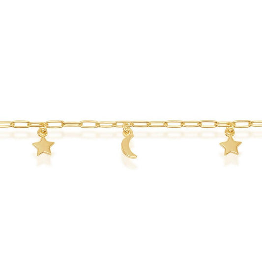 Sterling Silver Moon & Star Charms Paperclip Anklet - Gold Plated - Johnny Dang & Co