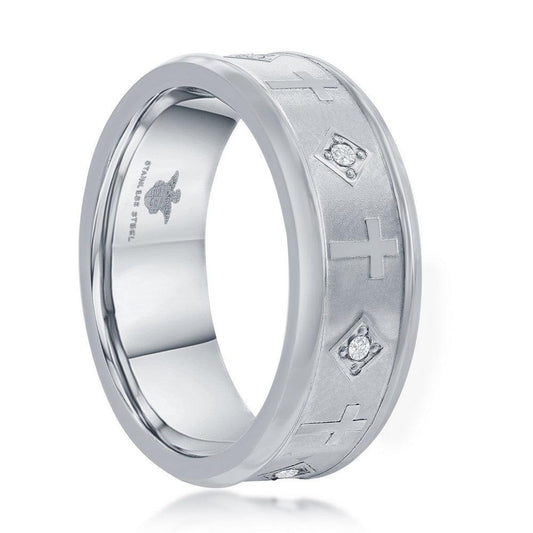 Stainless Steel Brushed & Polished CZ Cross Ring - Johnny Dang & Co