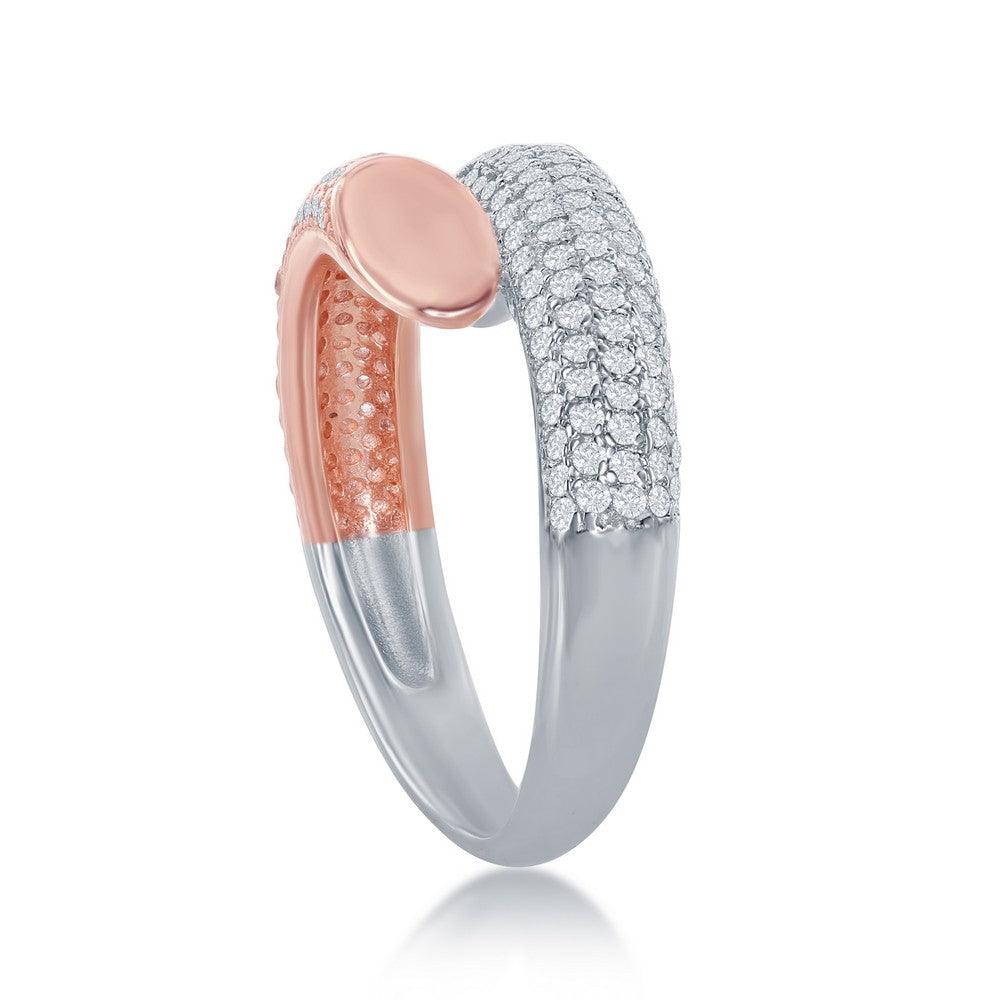 Sterling Silver Two-Tone Rose Gold Plated Micro Pave Bottom Flat Overlapping Ring - Johnny Dang & Co
