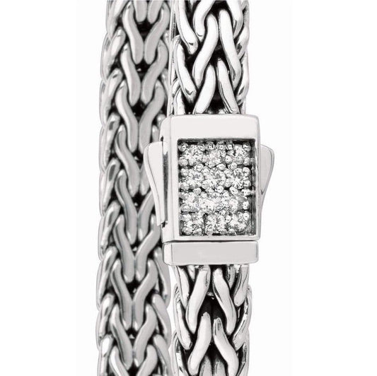 7mm Italian Sterling Silver Wide Wheat Patterned 8.25 inches Bracelet with White Sapphire Square Cluster at Clasp. Flash - Johnny Dang & Co