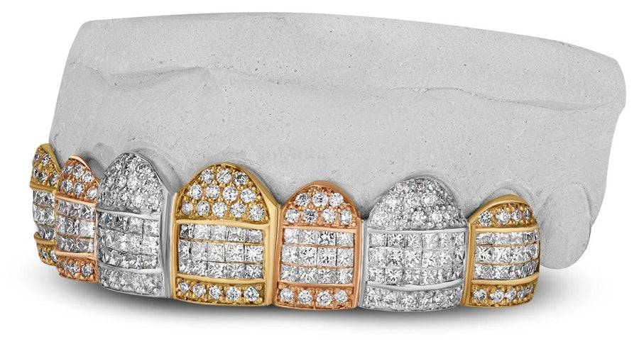 JDTK- GV1020-Tri Colors Yellow, White,Rose Honeycomb Prong / INVISBALE Set Diamond Grill - Johnny Dang & Co