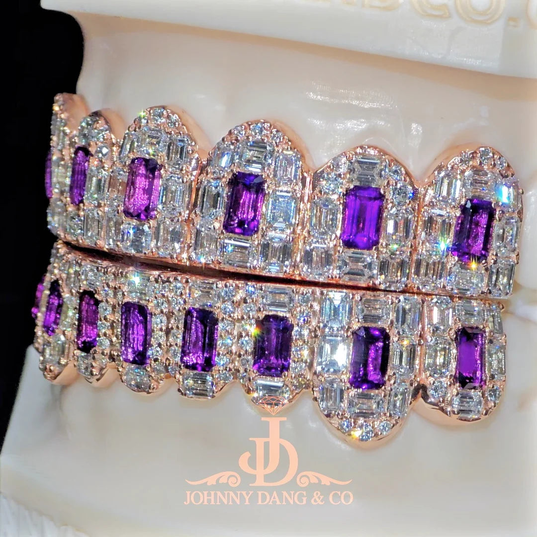 JDWR-2026-31 Flawless Royal Emerald Prong Set Grillz Rose Gold (Pullouts)