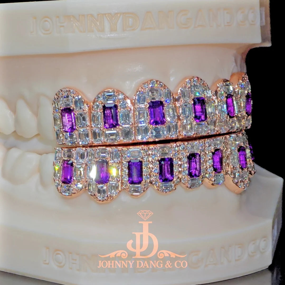 JDWR-2026-31 Flawless Royal Emerald Prong Set Grillz Rose Gold (Pullouts)