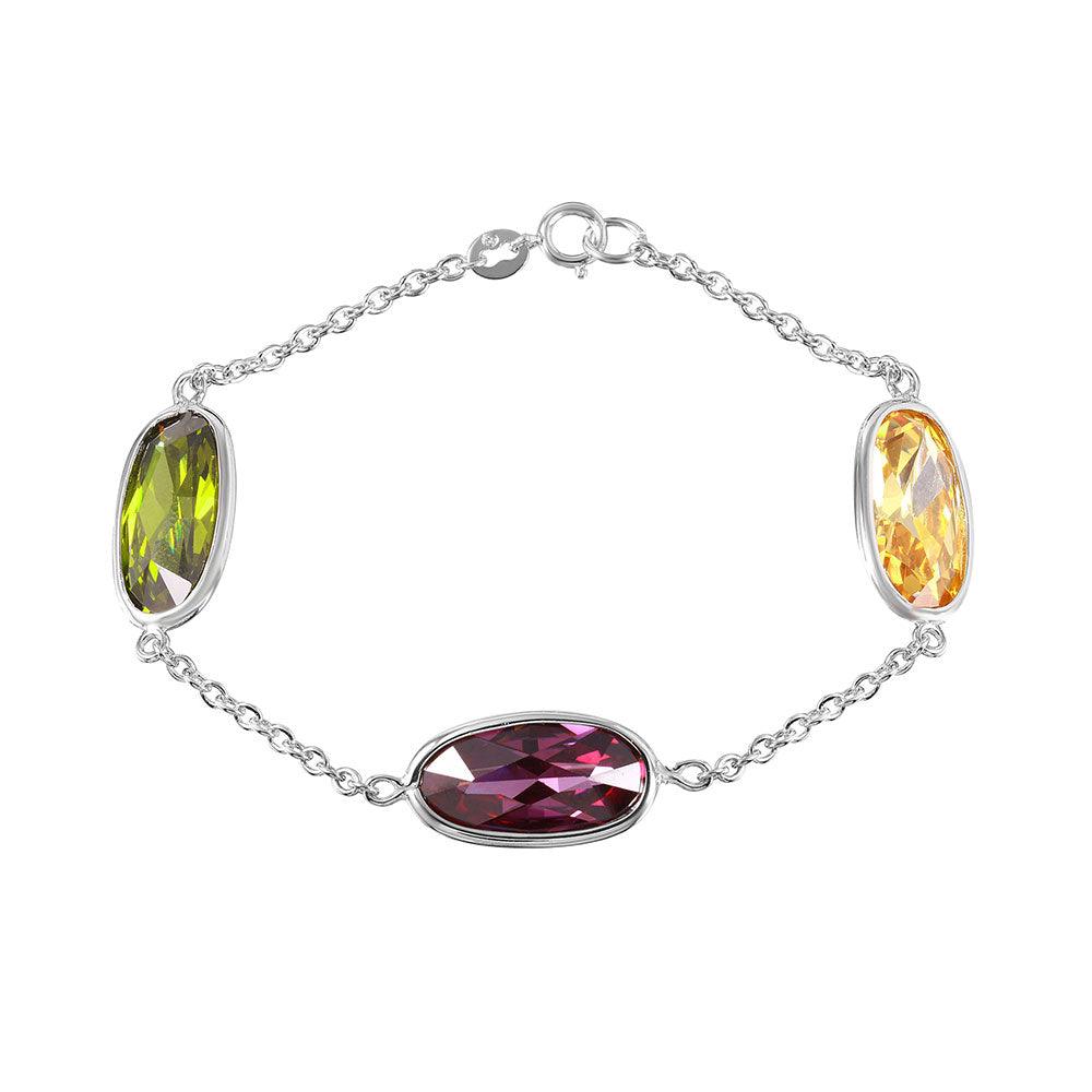 Silver 925 3 Multi Color Oval Ship CZ Link Bracelet
