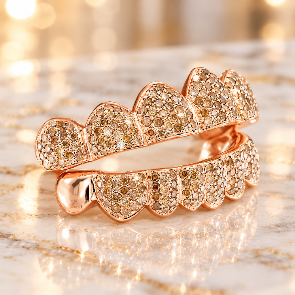 JDWR-S161702-1 -16 Teeth Custom Hand Prong Set Diamond Grill With 2 Solid Gold