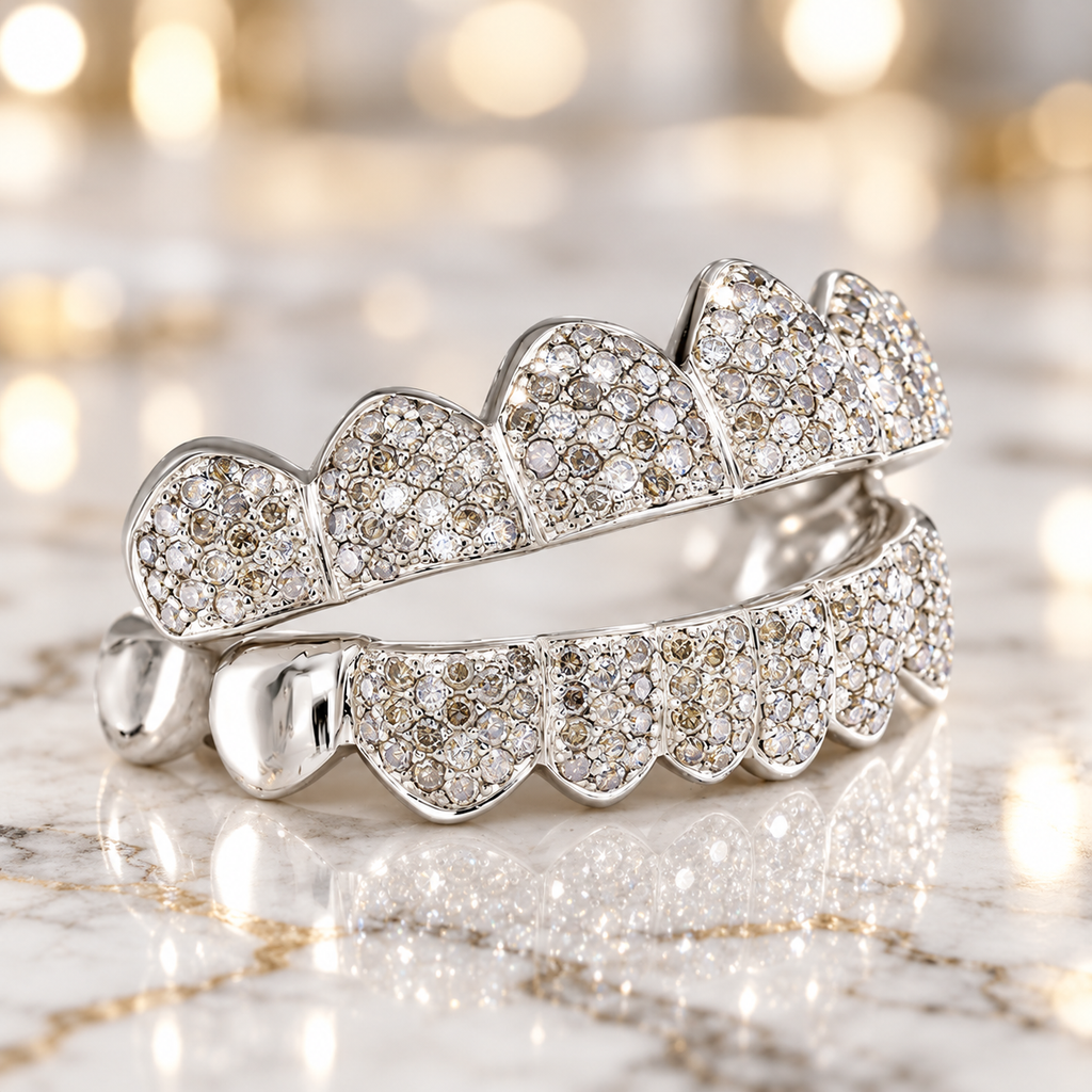 JDWR-S161702-1 -16 Teeth Custom Hand Prong Set Diamond Grill With 2 Solid Gold