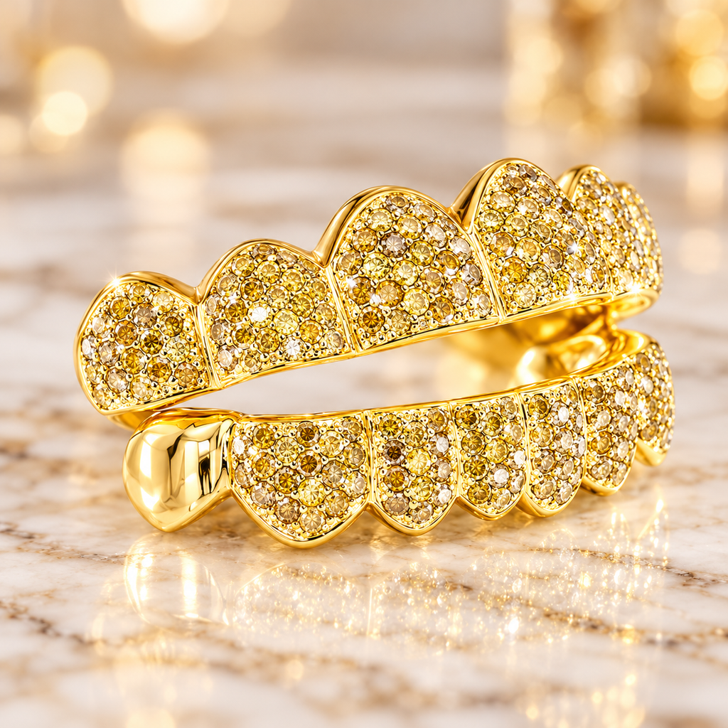 JDWR-S161702-1 -16 Teeth Custom Hand Prong Set Diamond Grill With 2 Solid Gold