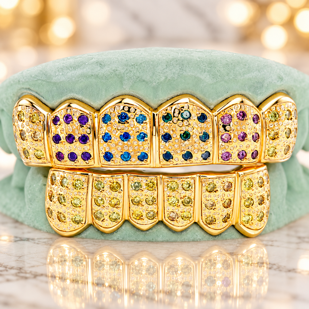 JDWR-C107B- 6 TOP OR 6 BOTTOM MULTI COLOR PAVE SET GRILL