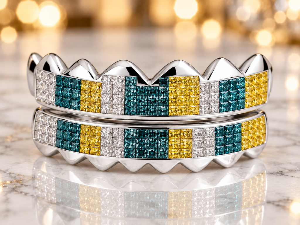 JDWR-S2110 - 6 TEETH BLUE,WHITE & YELLOW PRINCESS CUT HORIZONTAL INVISIBLE