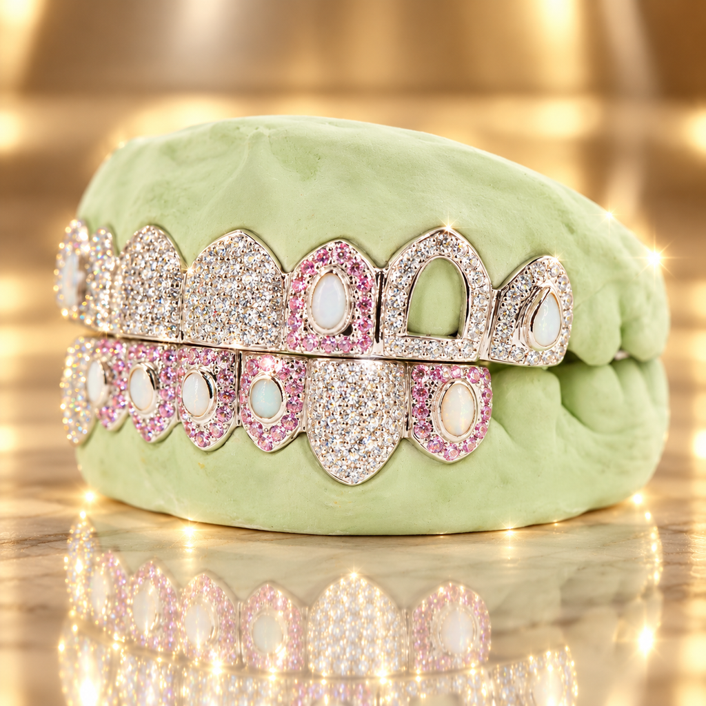 JDWR-OP201-8 Top or 8 Bottom Shooting Star Opal and Honeycomb Grillz