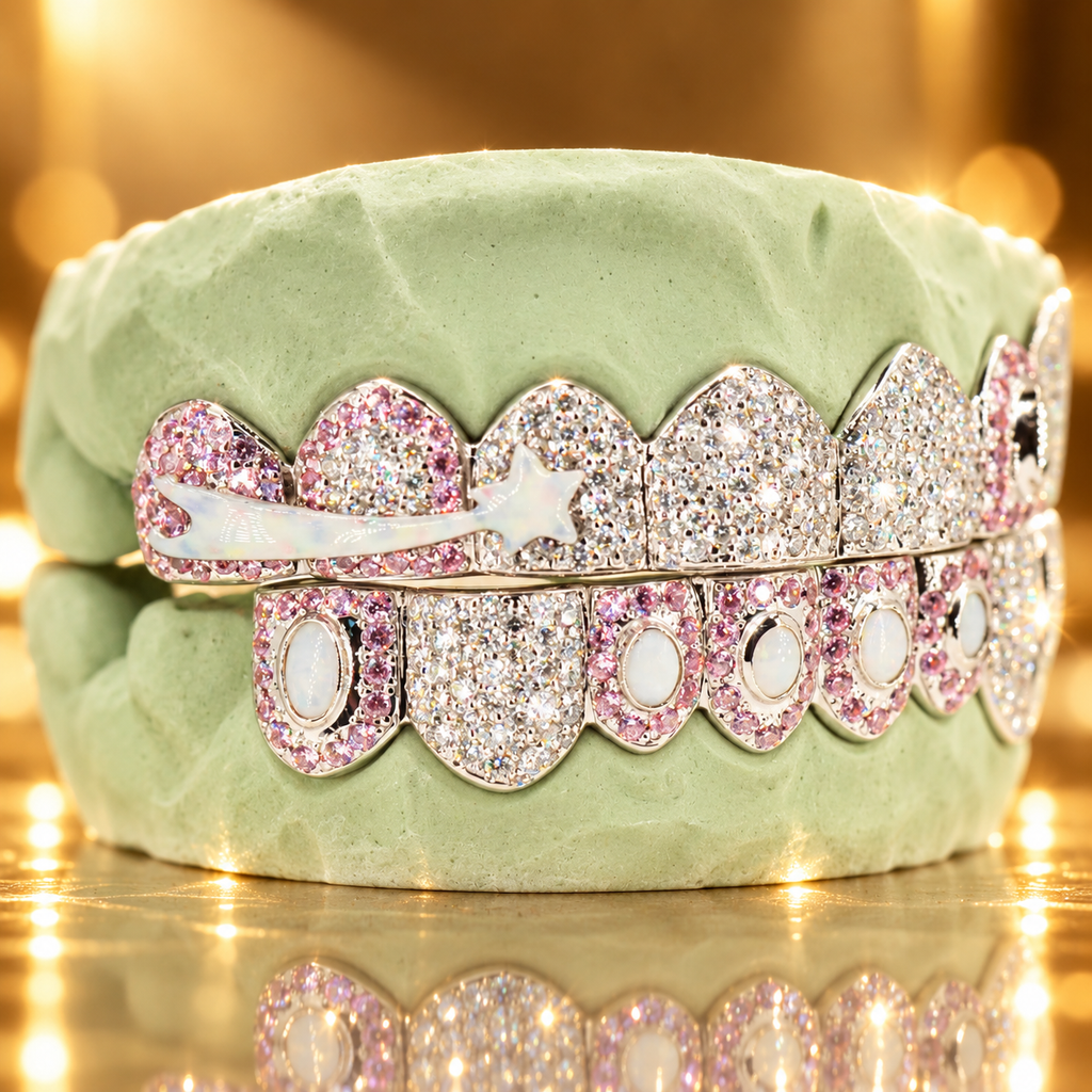 JDWR-OP201-8 Top or 8 Bottom Shooting Star Opal and Honeycomb Grillz