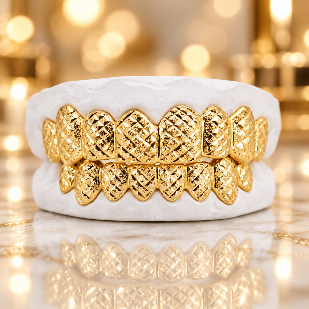 JDWR-3002-D-  8 Teeth Gold Grillz With Diamond Dust and Diamond Cuts.