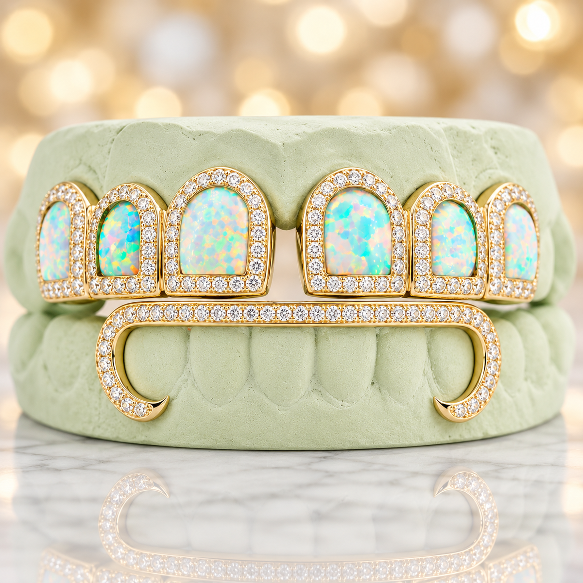 JDWR-5592 - 6 Top & 6 Bottom Opal & Diamond Prong Setting with Extended Diamond Bar Grillz