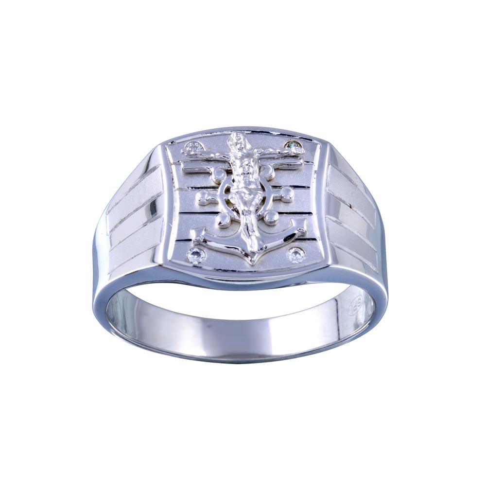 Rhodium Plated 925 Sterling Silver Crucifix Anchor CZ Ring