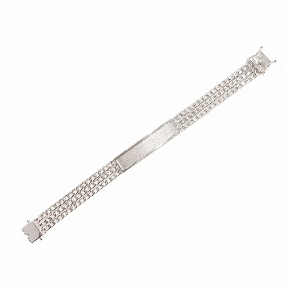 925 Sterling Silver Three Strand Curb 12mm Textured ID Bracelet