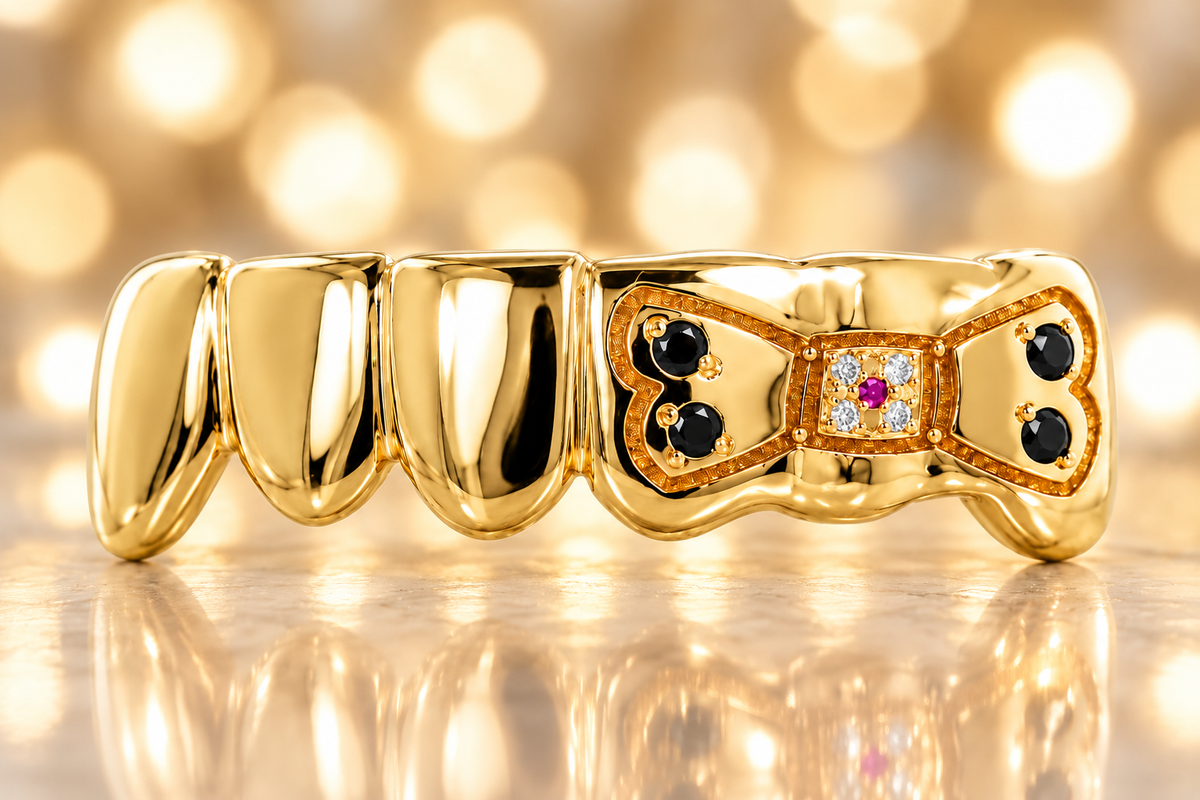 JDWR-S141124-1 6 Teeth In Yellow Gold with Engraved Dog Bone