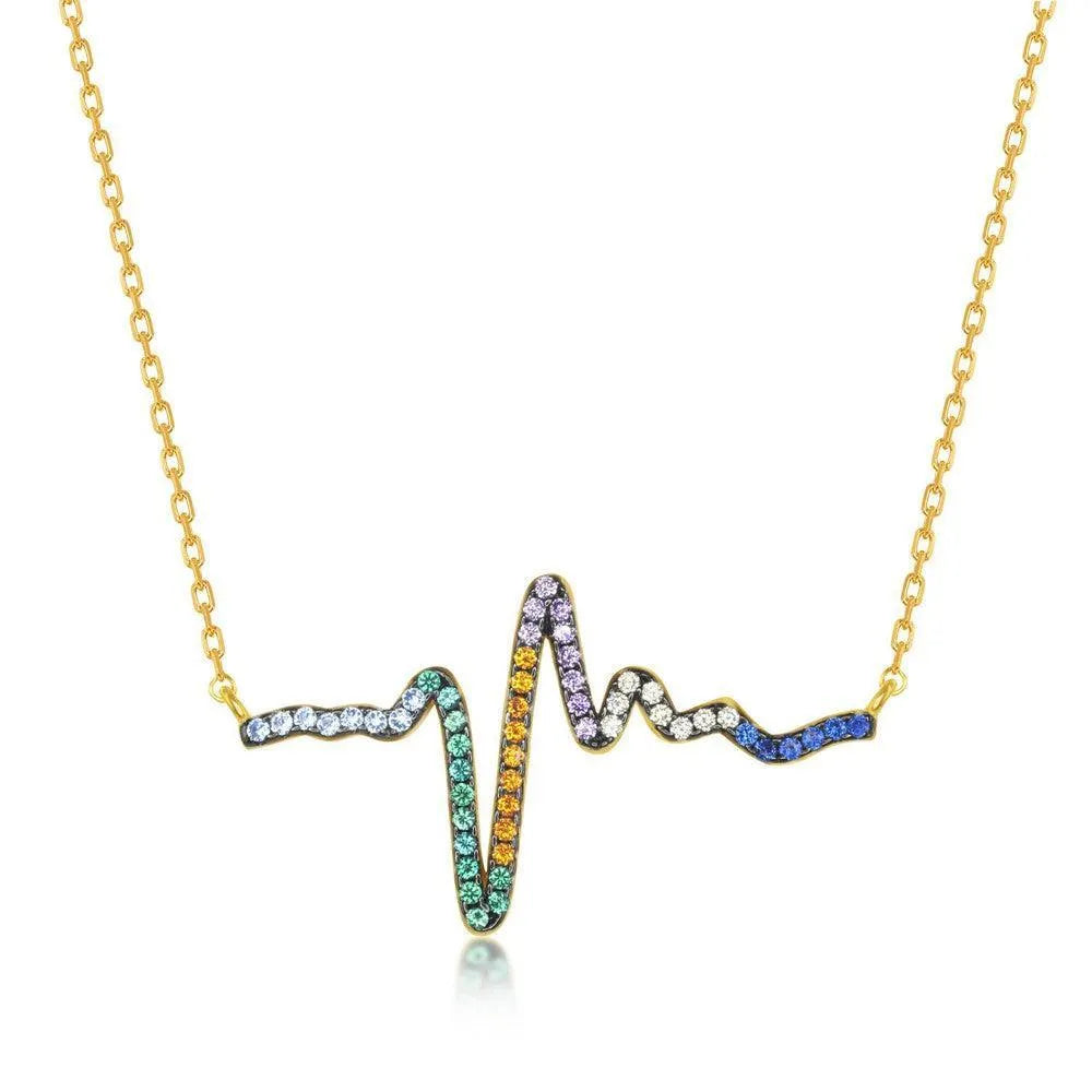 Sterling Silver Rainbow CZ Heartbeat Necklace - Gold Plated - Johnny Dang & Co