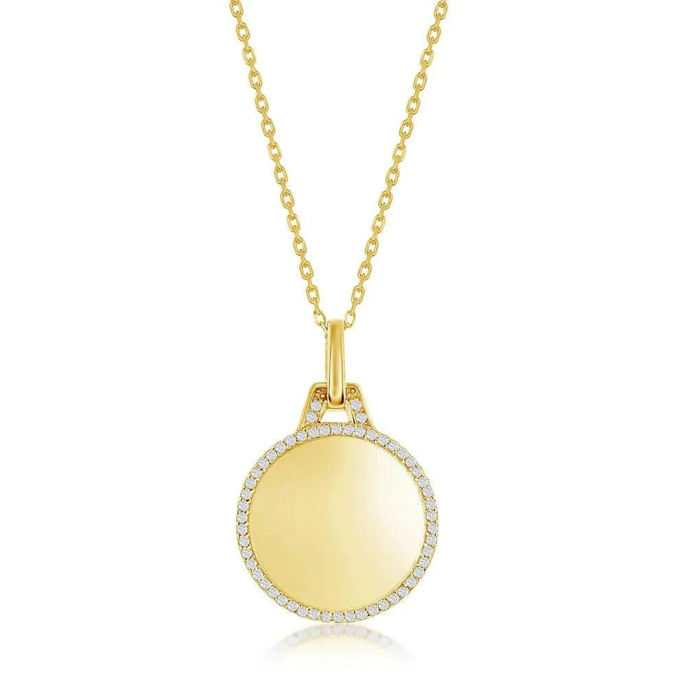 Sterling Silver Polished Circle w/CZ Border Necklace - Gold Plated - Johnny Dang & Co