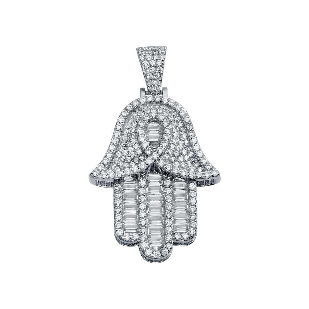 Rhodium Plated 925 Sterling Silver CZ Hamsa Pendant