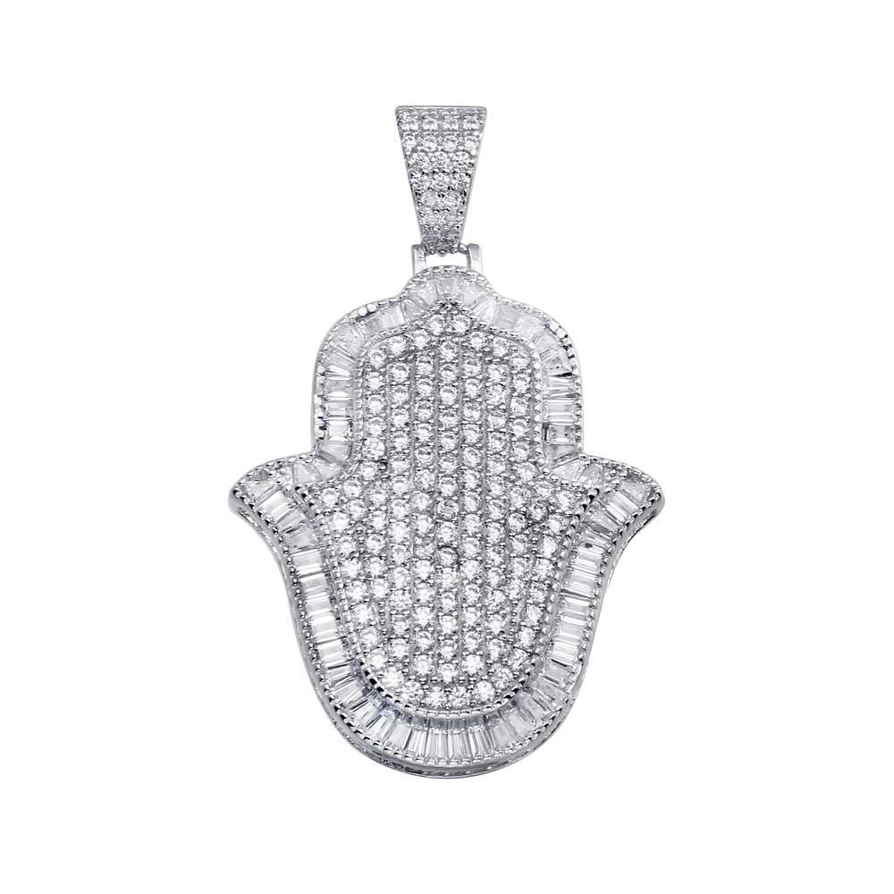 Rhodium Plated 925 Sterling Silver Hamsa Hand Pendant