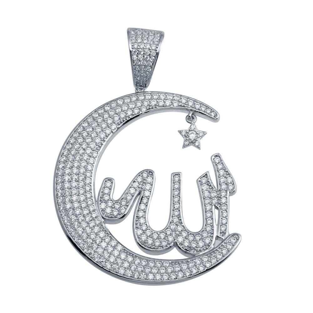 Rhodium Plated 925 Sterling Silver Allah Crescent Pendant