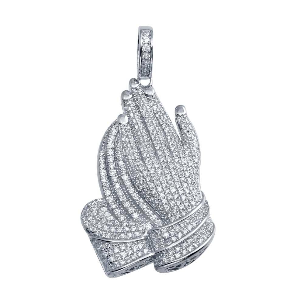Rhodium Plated 925 Sterling Silver Praying Hands Pendant
