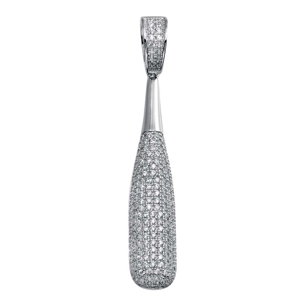 Rhodium Plated 925 Sterling Silver CZ Baseball Bat Pendant