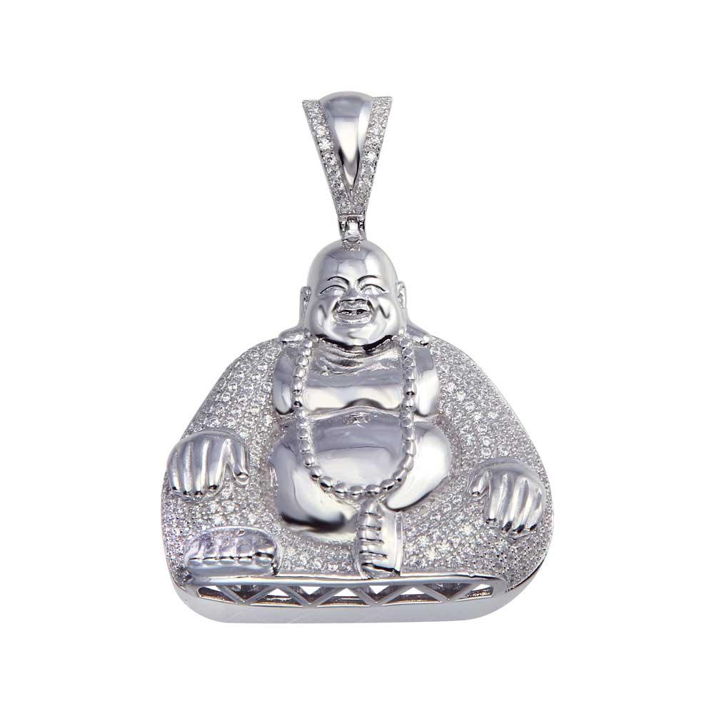 Rhodium Plated 925 Sterling Silver CZ Laughing Buddha Pendant