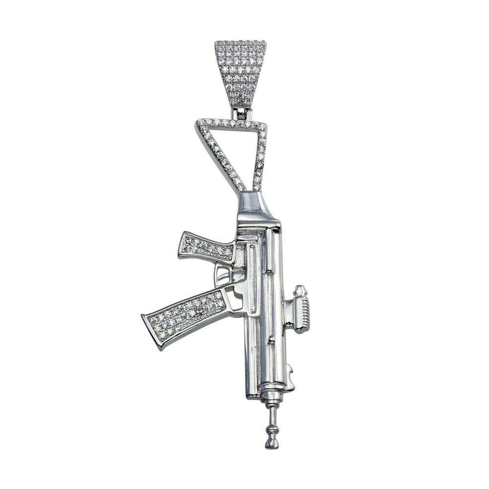 Rhodium Plated 925 Sterling Silver CZ Gun Pendant