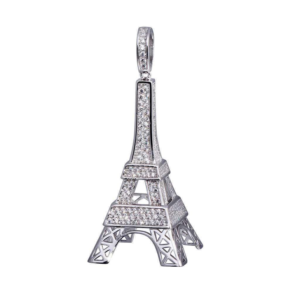 Rhodium Plated 925 Sterling Silver CZ Eiffel Tower Pendant