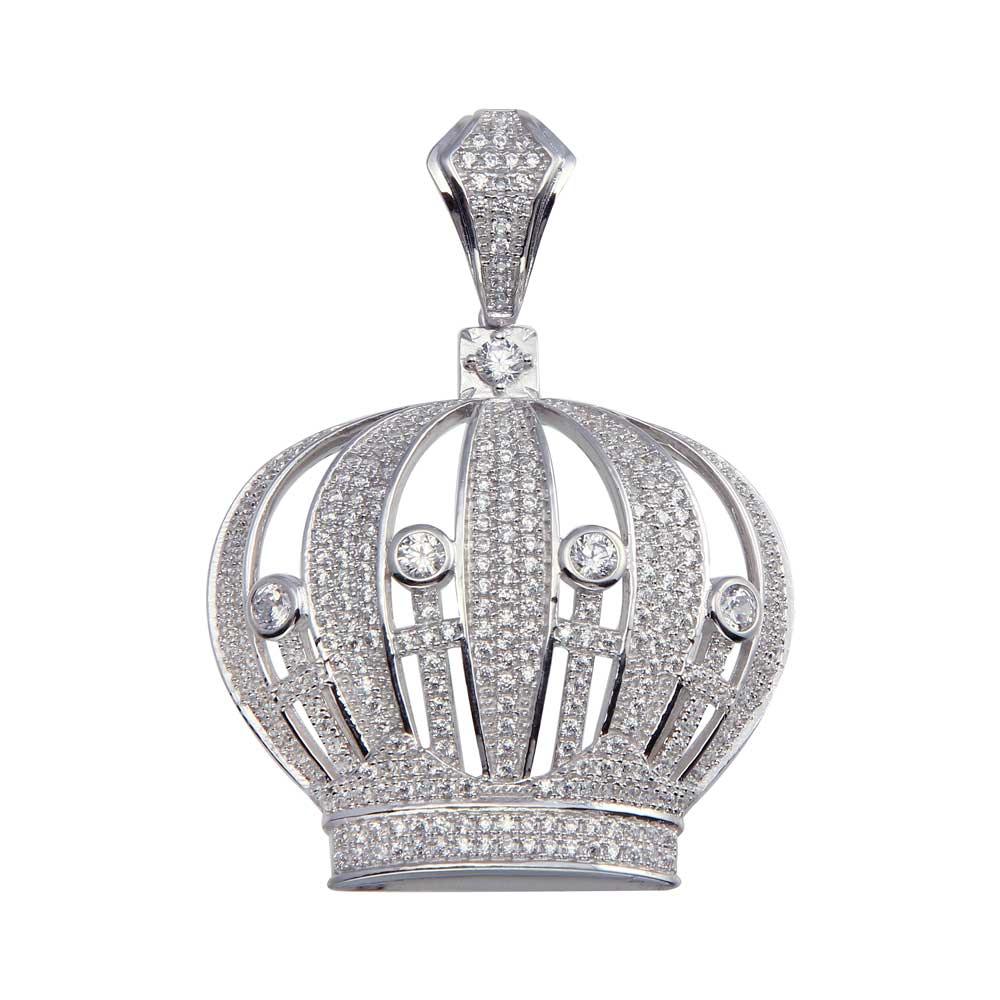 Rhodium Plated 925 Sterling Silver CZ Crown Pendant