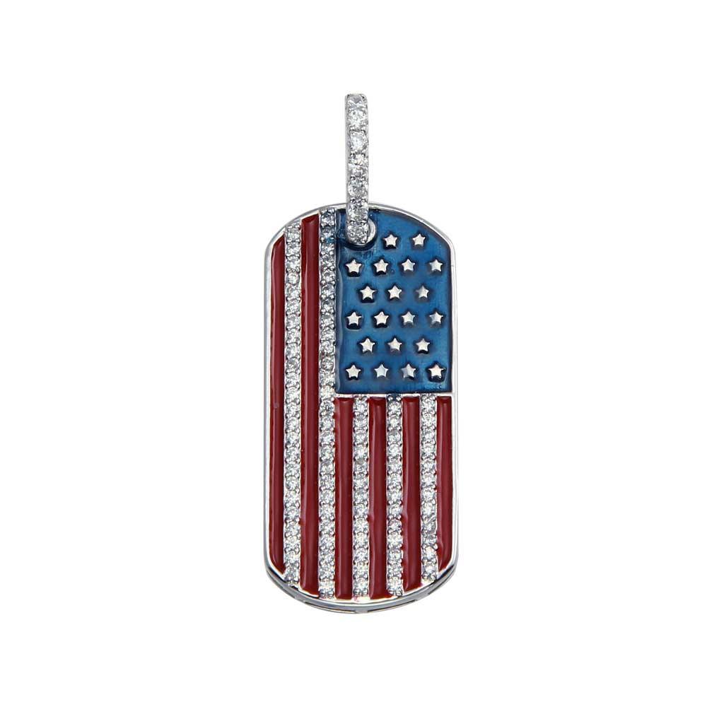 Rhodium Plated 925 Sterling Silver CZ American Flag Dog Tag Pendant