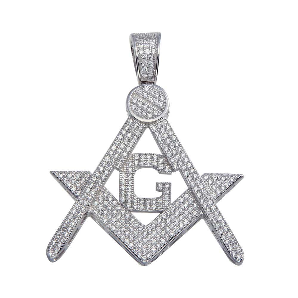 Rhodium Plated 925 Sterling Silver CZ Masonic Symbol Pendant