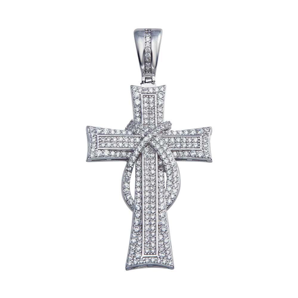 Rhodium Plated 925 Sterling Silver CZ Ribbon Cross Pendant