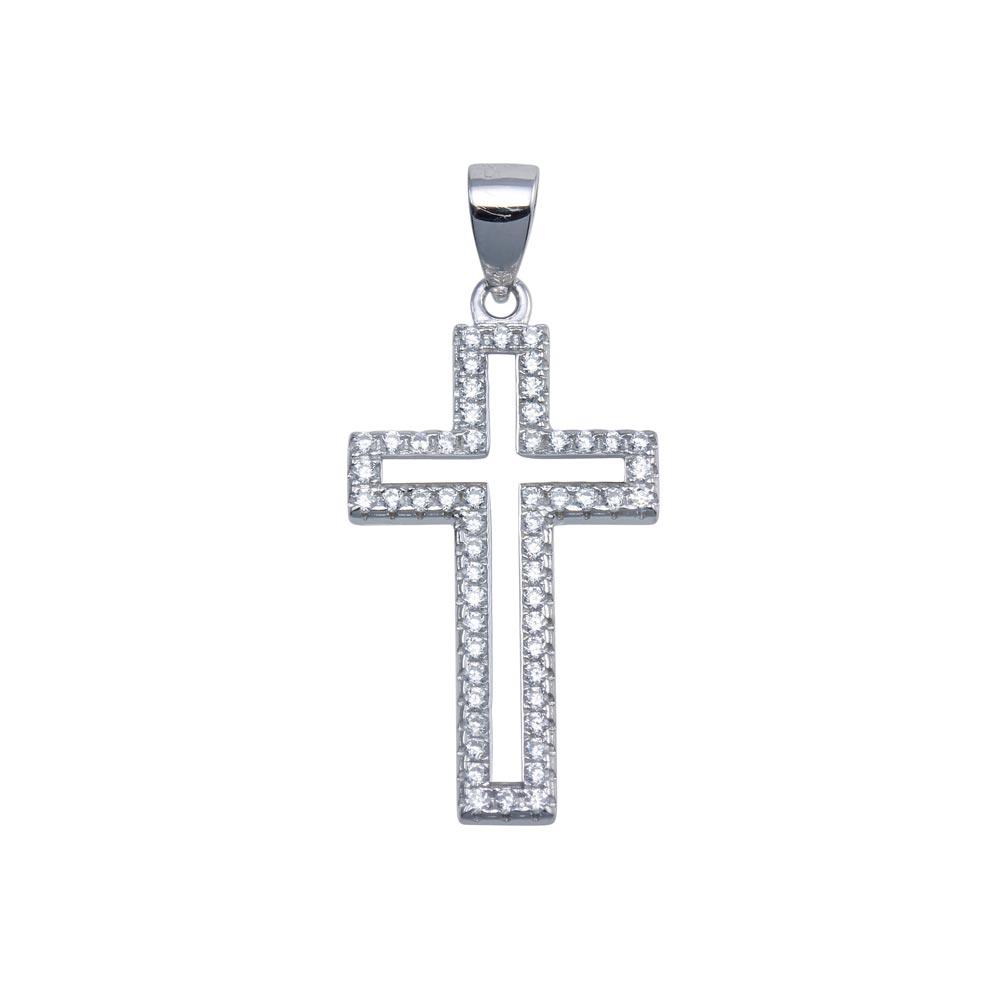 Rhodium Plated 925 Sterling Silver CZ Border Small Cross Pendant