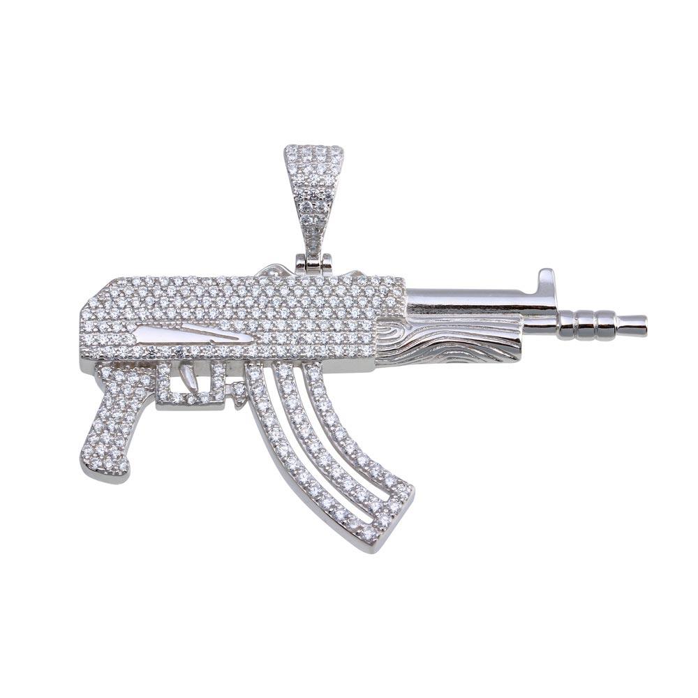 Rhodium Plated 925 Sterling Silver CZ Gun Pendant