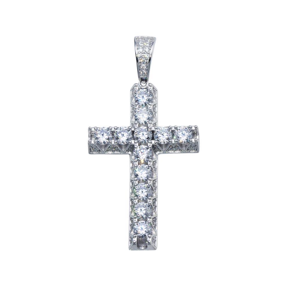 Rhodium Plated 925 Sterling Silver CZ Crown Set Cross Pendant