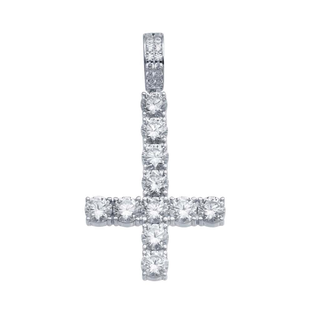 Rhodium Plated 925 Sterling Silver CZ Upside Down Cross Pendant