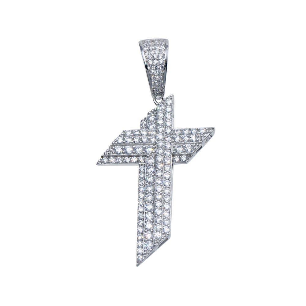 Rhodium Plated 925 Sterling Silver CZ Angled Cross Pendant
