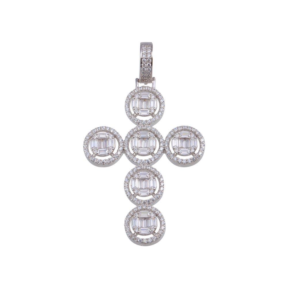 Rhodium Plated 925 Sterling Silver CZ Round Cross Pendant