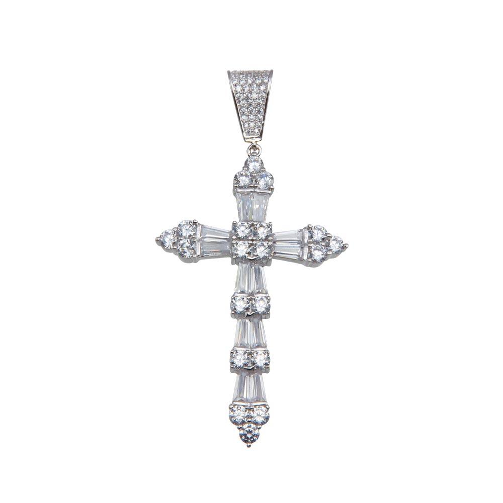 Rhodium Plated 925 Sterling Silver CZ Cross Pendant