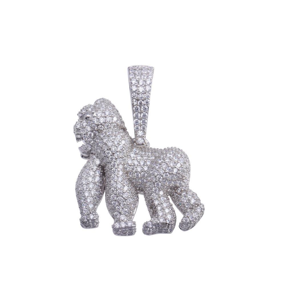 Rhodium Plated 925 Sterling Silver CZ Gorilla Pendant