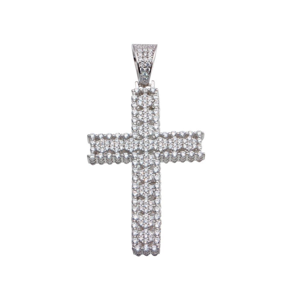 Rhodium Plated 925 Sterling Silver CZ Cross Pendant