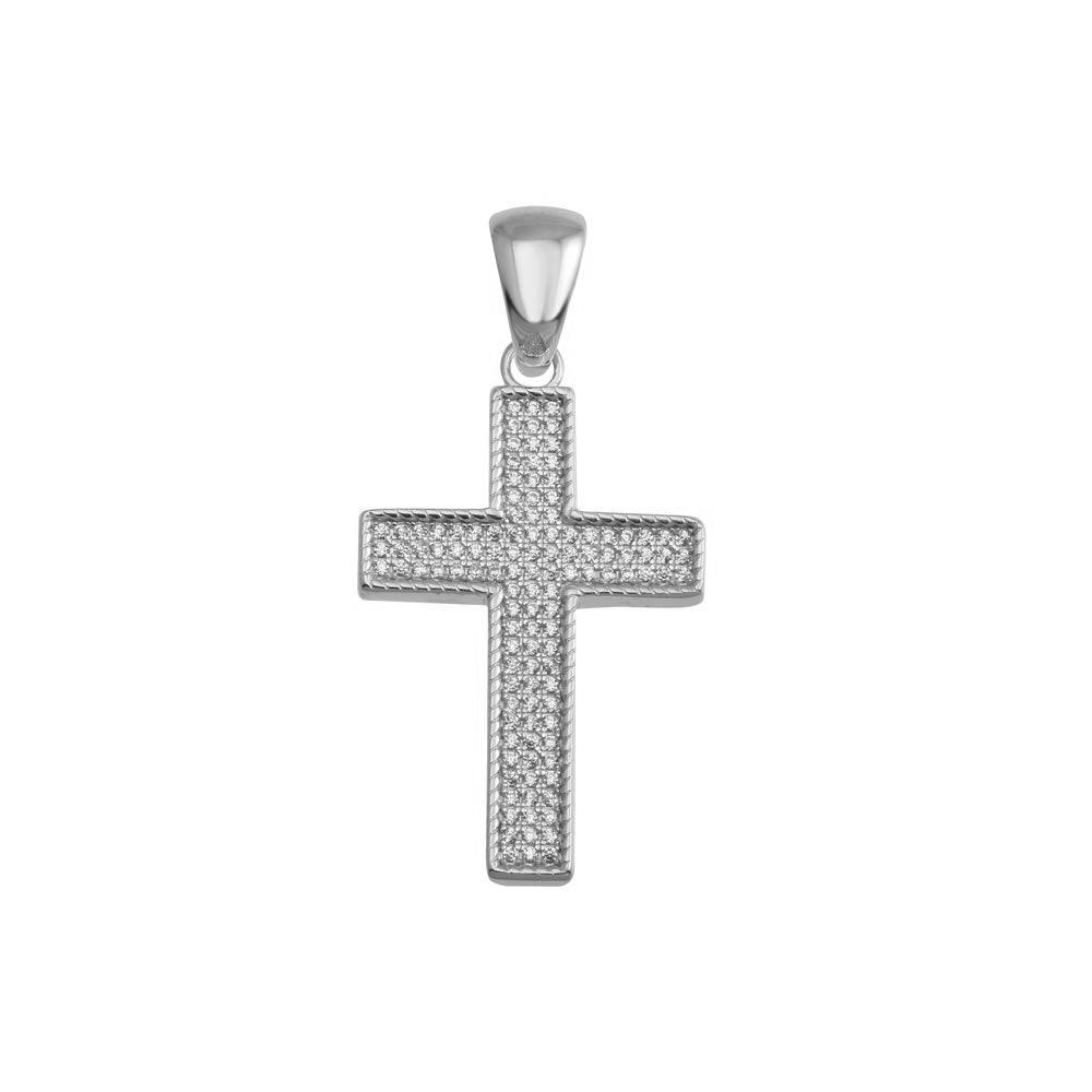 Rhodium Plated 925 Sterling Silver CZ Cross Pendant