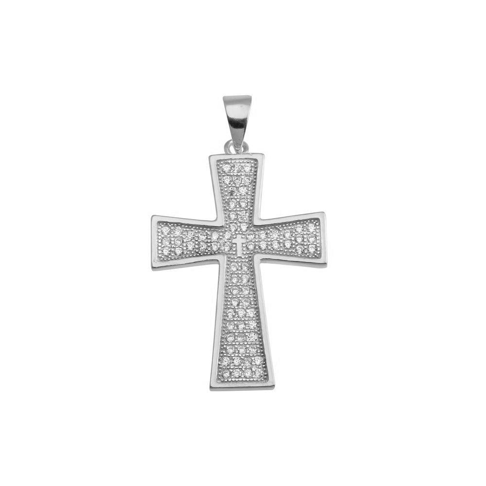 Rhodium Plated 925 Sterling Silver Cross CZ Pendant
