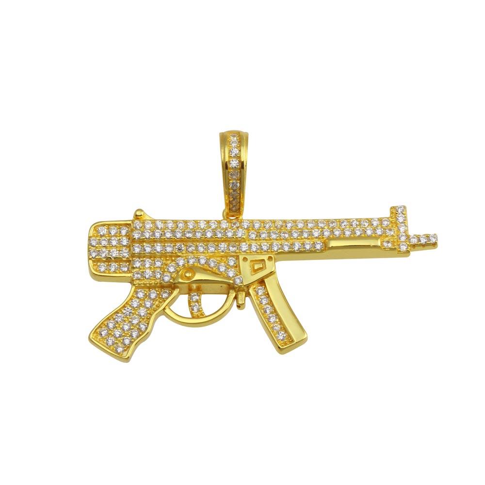 Rhodium Plated 925 Sterling Silver CZ Gun Pendant