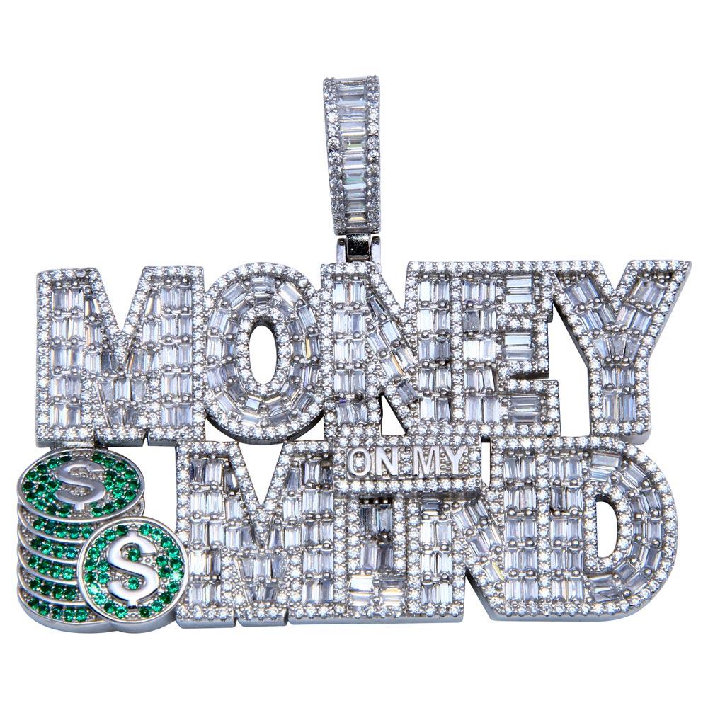 Rhodium Plated 925 Sterling Silver CZ Money On My Mind Pendant