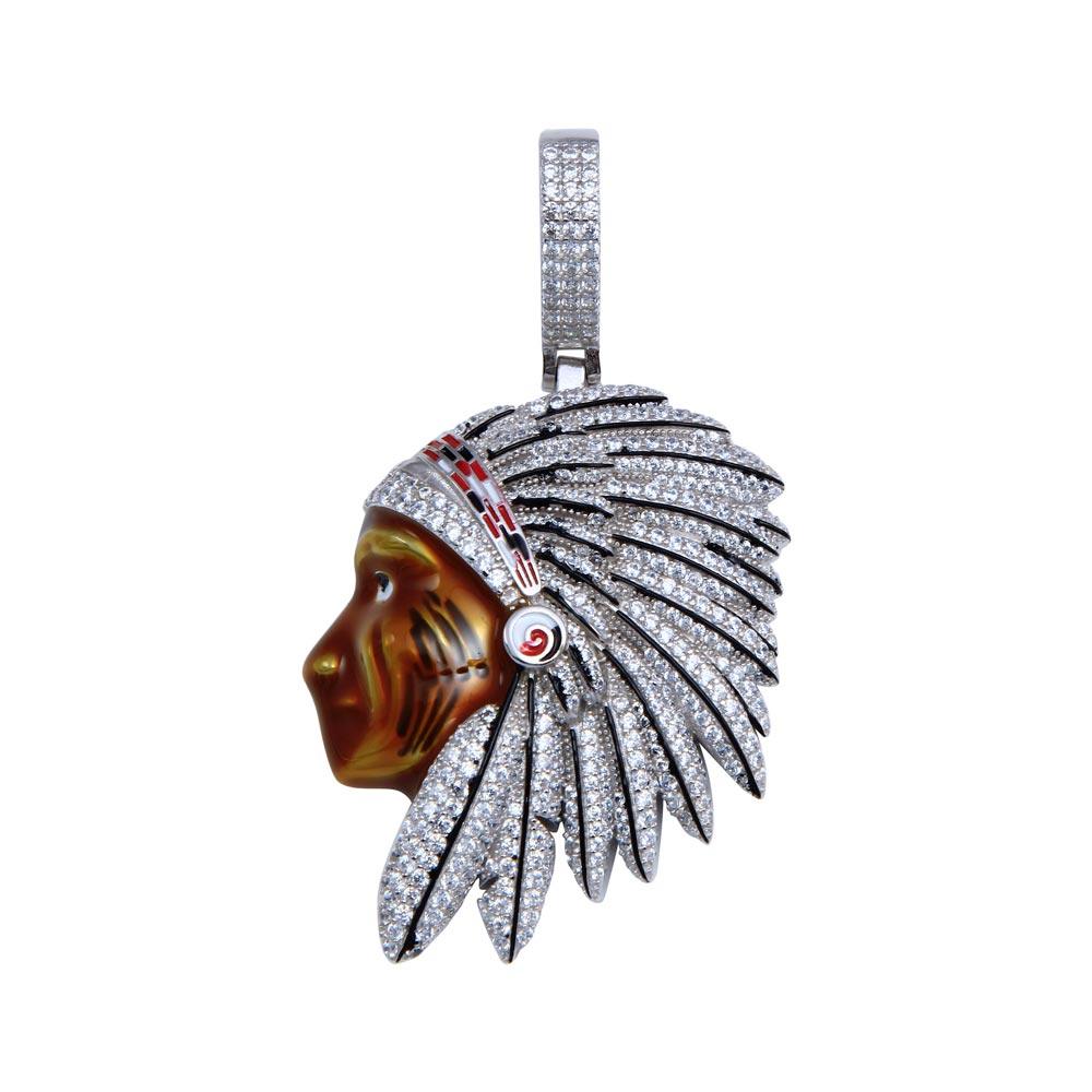 Rhodium Plated 925 Sterling Silver CZ Native Chief Pendant