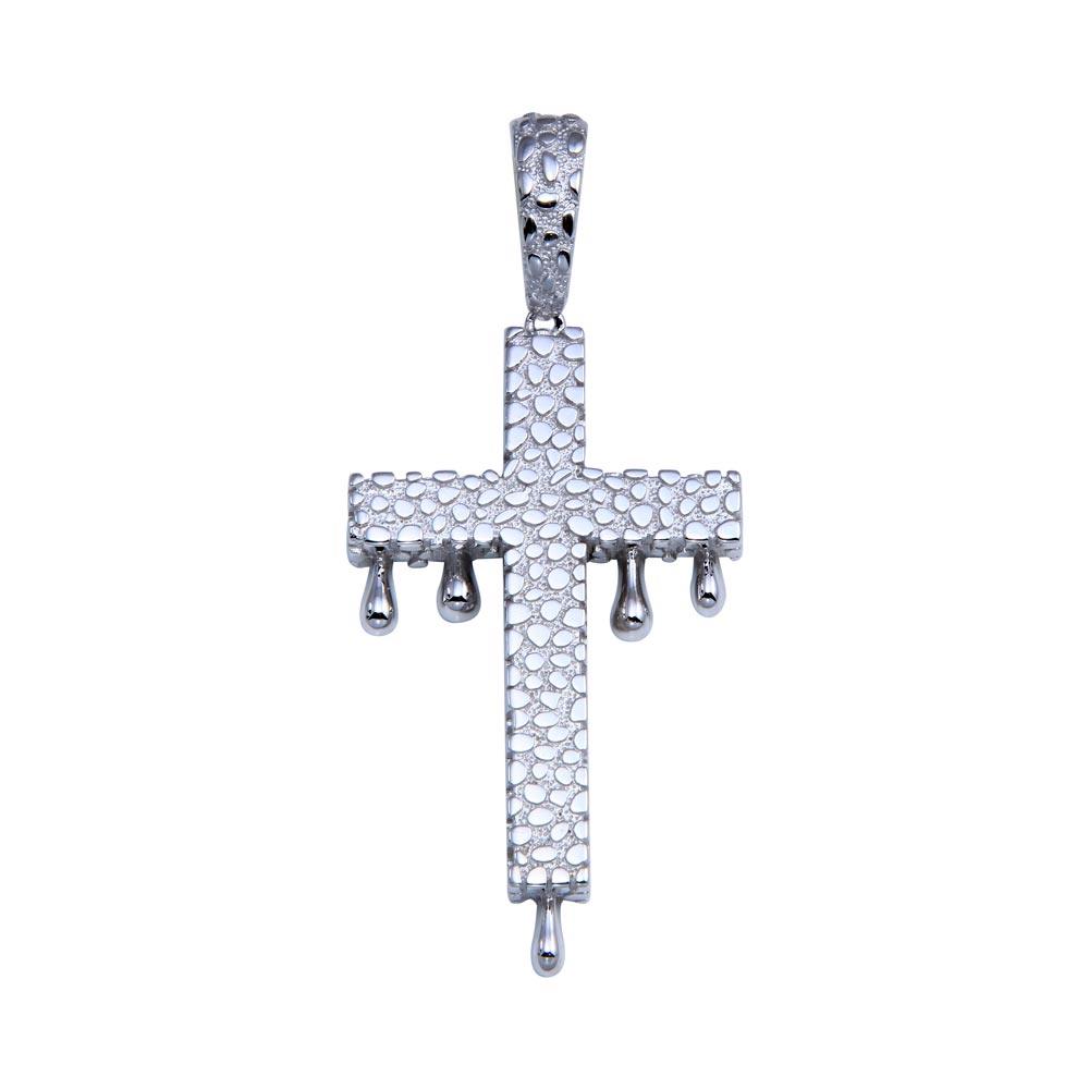 Rhodium Plated 925 Sterling Silver CZ Dripping Cross Pendant